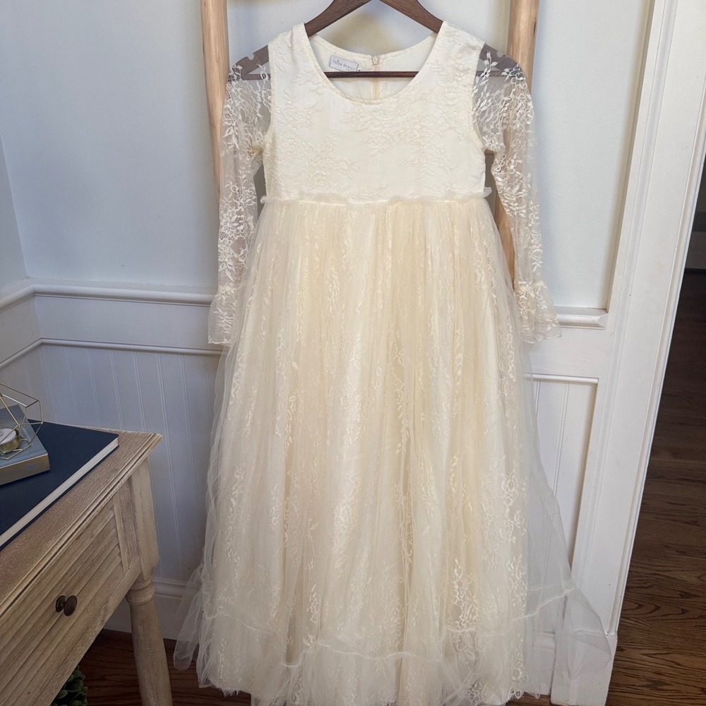 Trish Scully Child Cream Lace Tulle Long‎ Sleeve Flower Girl Maxi Dress Sz 14